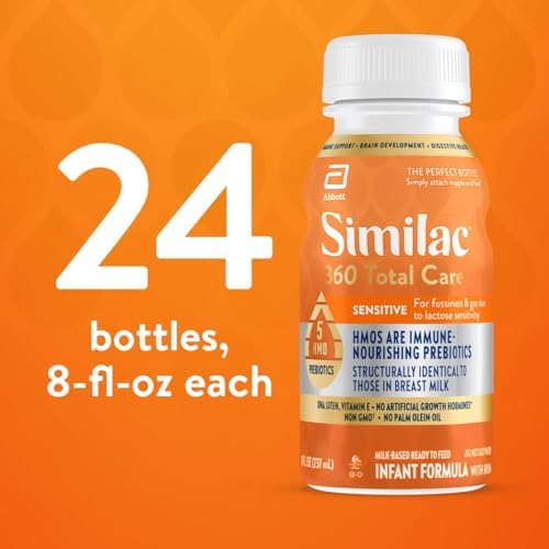 Similac 360 Total Care Sensitive Infant Formula for Fussiness & Gas Due to Lactose Sensitivity, Has 5 HMO Prebiotics, Non-GMO, ‡ Baby Formula, Ready to Feed, 8-fl-oz Bottle, Pack of 24