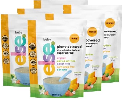 Else Nutrition Baby Cereal Stage 1 for 6 months+, Plant Protein, Organic, Whole foods, Vitamins and Minerals (Mango, 6 Pack)