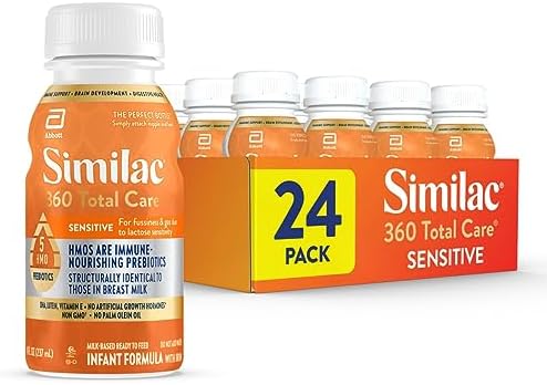 Similac 360 Total Care Sensitive Infant Formula for Fussiness & Gas Due to Lactose Sensitivity, Has 5 HMO Prebiotics, Non-GMO, ‡ Baby Formula, Ready to Feed, 8-fl-oz Bottle, Pack of 24