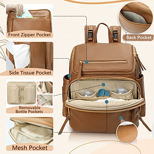 Baby Clothes & Diaper Bag Leather with 17 Diaper Bag Organizing Pouches, Changing Pad, Stroller Straps,4 Insulated Pockets, Brown