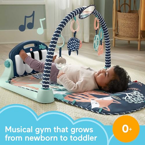 Fisher-Price Baby Playmat Kick & Play Piano Gym with Musical and Sensory Toys for Newborn to Toddler, Navy Fawn