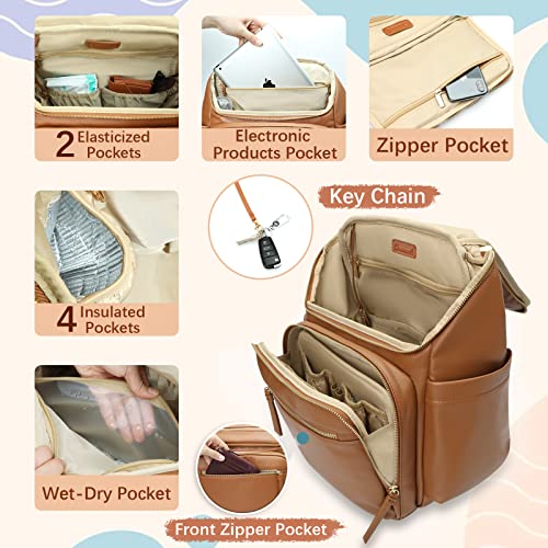 Baby Clothes & Diaper Bag Leather with 17 Diaper Bag Organizing Pouches, Changing Pad, Stroller Straps,4 Insulated Pockets, Brown