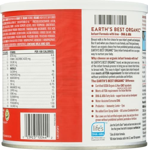 Earth's Best Organic Baby Formula for Babies 0-12 Months, Powdered Dairy Infant Formula with Iron, Omega-3 DHA, and Omega-6 ARA, 21 oz Formula Container (Pack of 2)