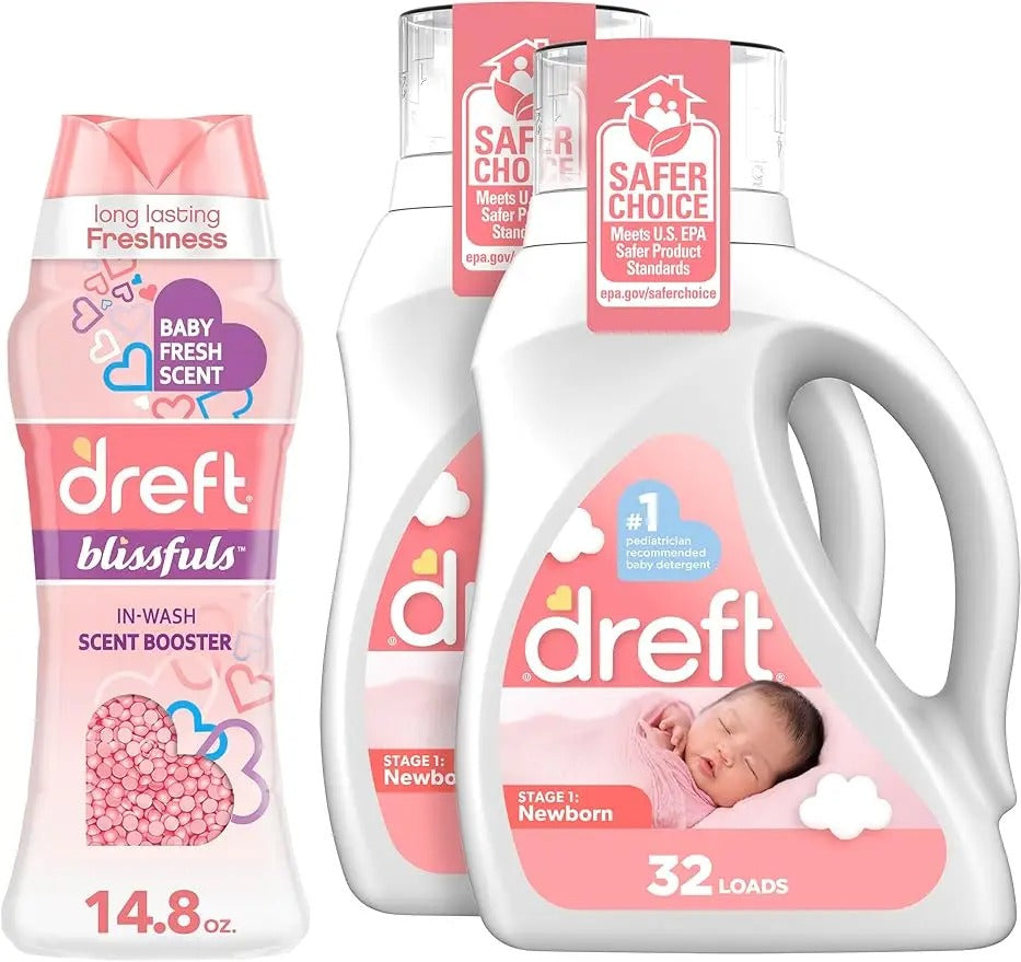 Newborn Baby Laundry Detergent 128 Loads (4-Pack) + Dreft Baby Fresh Scent Booster Beads 14.8 Oz Gentle Clean (2 Packs)