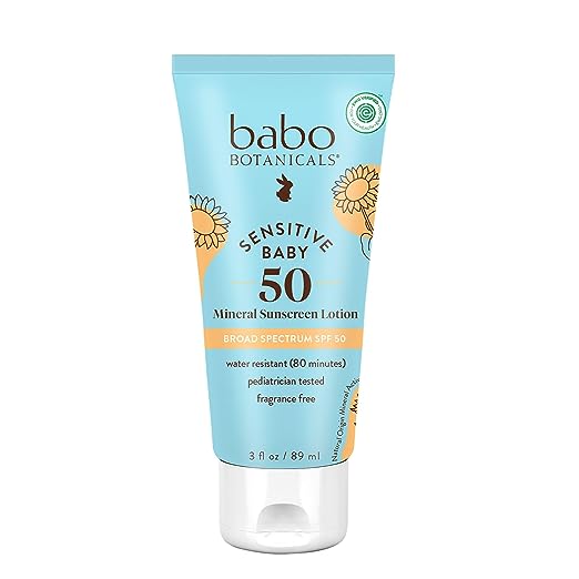 Babo Botanicals Sensitive Baby Mineral Sunscreen Lotion SPF50 - Natural Zinc Oxide - Face & Body - Fragrance-Free - Water-Resistant - EWG Verified - Vegan - Extra Sensitive Skin - For Babies & Kids (Pack of 3)