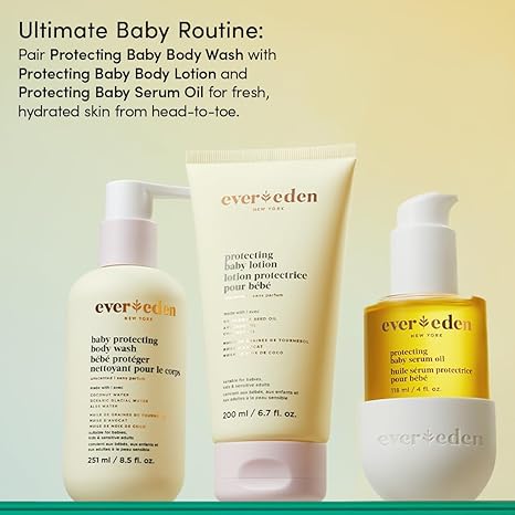 Evereden Protecting Baby Set - Moisturizing Baby Lotion for Newborn 6.7 oz., Protecting Baby Body Wash and Shampoo 8.5 oz. and Protecting Baby Massage Oil, 4 oz. | Clean Baby Care