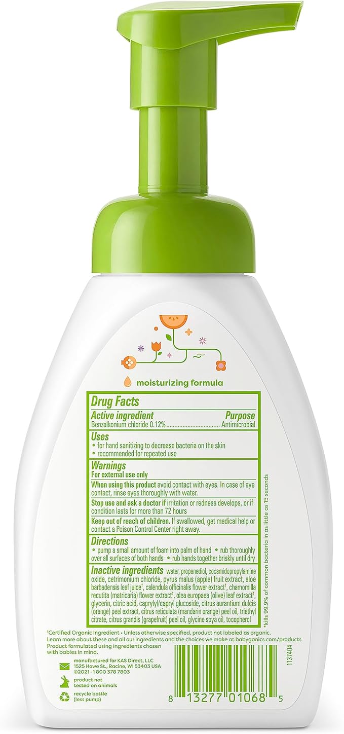 Babyganics Foaming Pump Hand Sanitizer, Alcohol Free, Mandarin, Kills 99.9% of Common Bacteria, Moisturizing, 8.45 Fl Oz (Pack of 8)