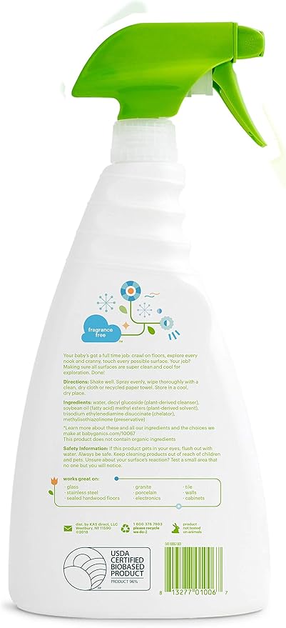 Babyganics Multi Surface Cleaner, Fragrance Free, For Hard Surfaces, Glass, Stainless Steel, Tiles, and Walls, 32 Fl Oz Spray Bottle (Pack of 8)