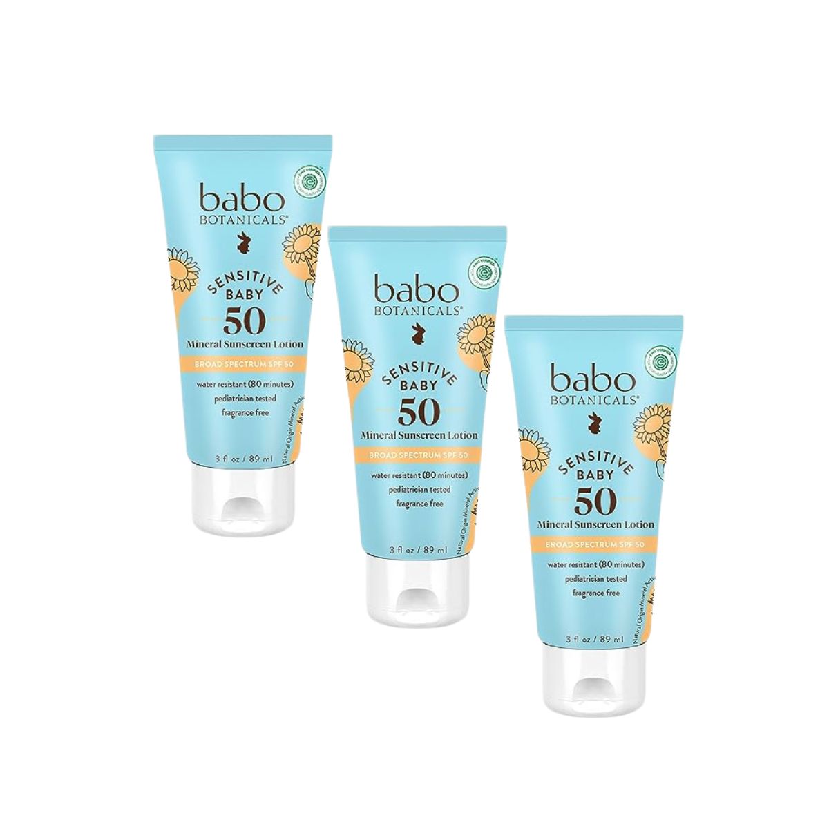 Babo Botanicals Sensitive Baby Mineral Sunscreen Lotion SPF50 - Natural Zinc Oxide - Face & Body - Fragrance-Free - Water-Resistant - EWG Verified - Vegan - Extra Sensitive Skin - For Babies & Kids (Pack of 3)