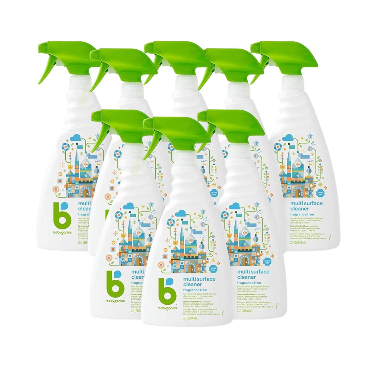 Babyganics Multi Surface Cleaner, Fragrance Free, For Hard Surfaces, Glass, Stainless Steel, Tiles, and Walls, 32 Fl Oz Spray Bottle (Pack of 8)